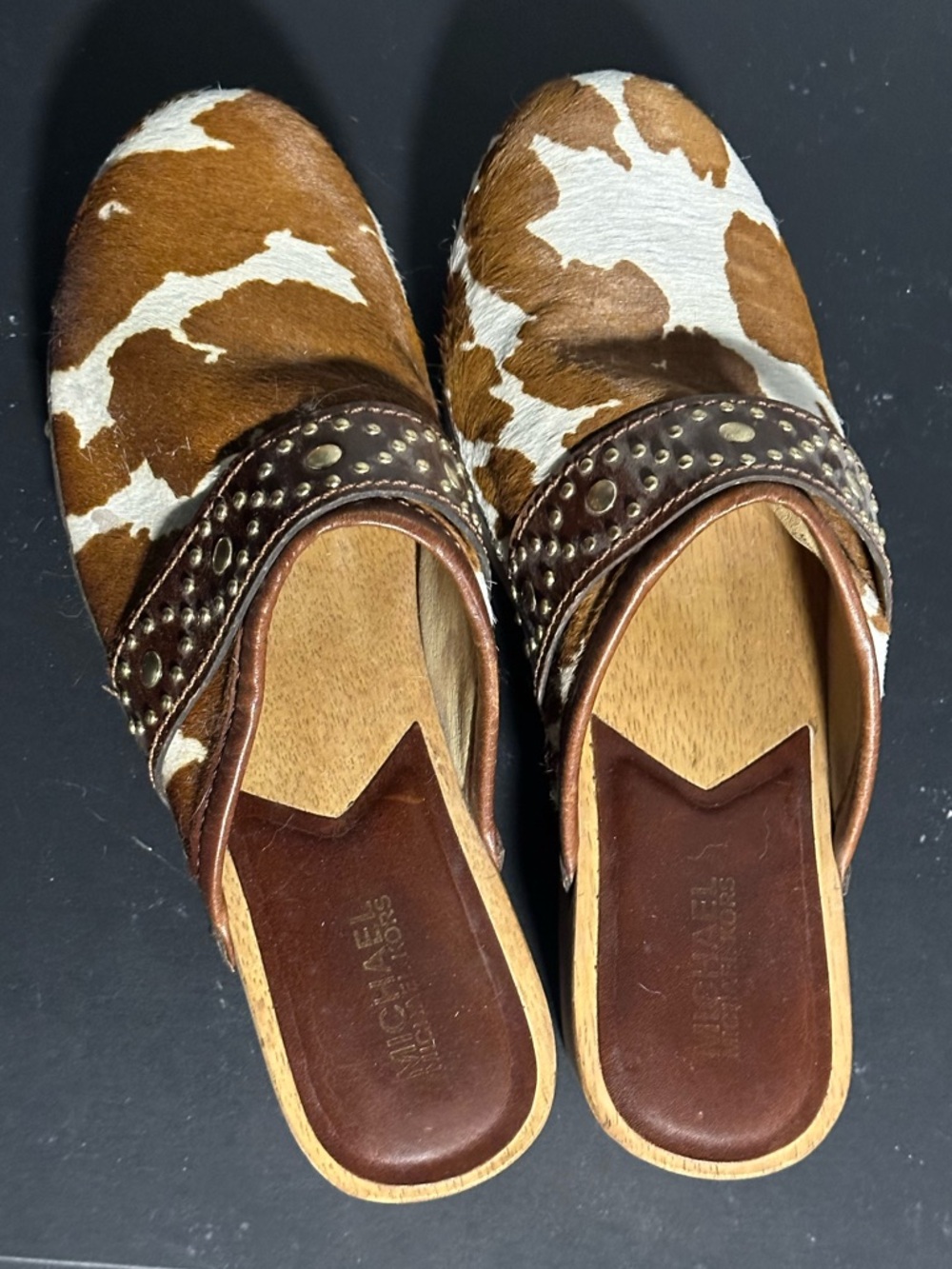 Michael Kors Brown and White Cowhide Studded Clogs